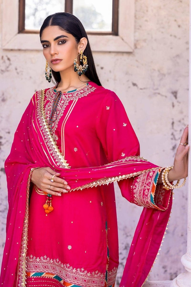 Gul Ahmed 3PC Zari and Sequins Embroidered Raw Silk Unstitched Suit with Zari and Sequins Embroidered Chiffon Dupatta FE-42012