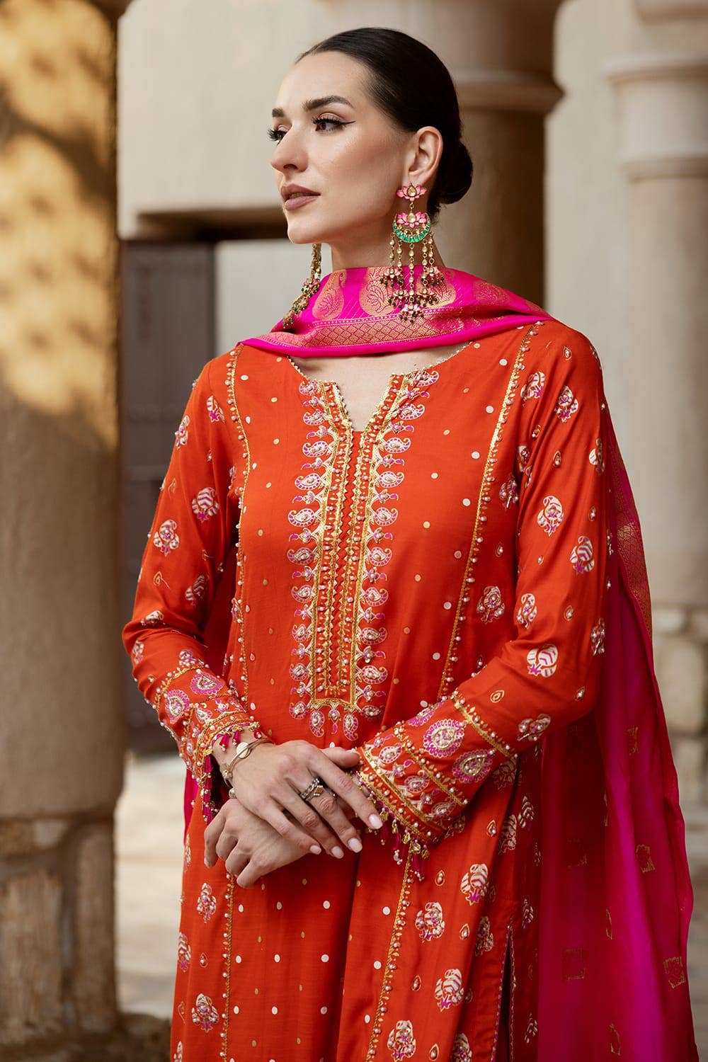 Gul Ahmed 3PC Hand Embroidered Gold and Lacquer Printed Raw Silk Unstitched Suit with Jacquard Dupatta FE-42078