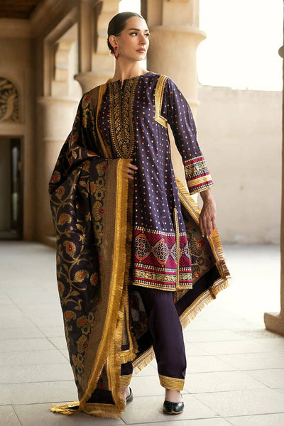 Gul Ahmed 3PC Gold and Lacquer Printed Raw Silk Unstitched Suit with Jacquard Dupatta FE-42079