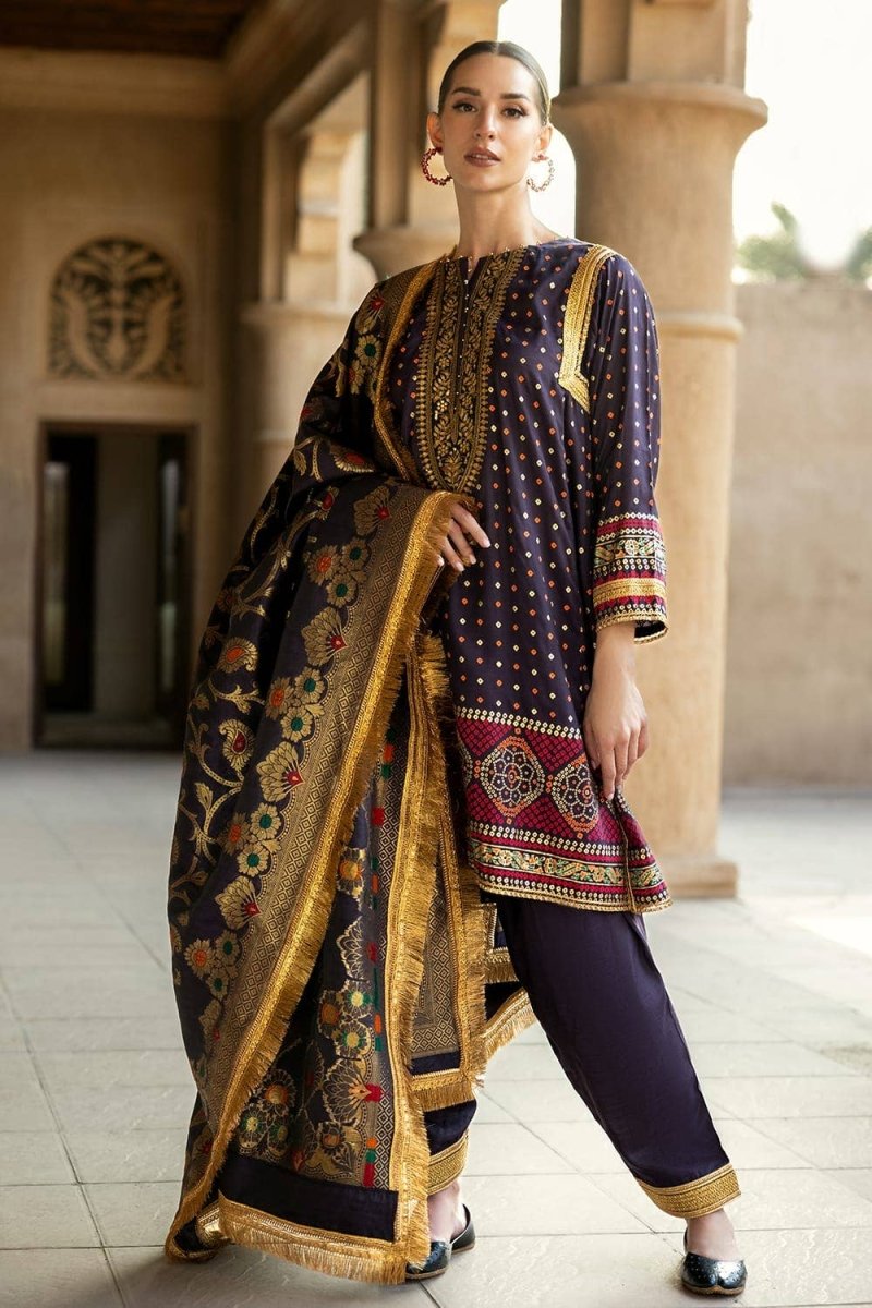 Gul Ahmed 3PC Gold and Lacquer Printed Raw Silk Unstitched Suit with Jacquard Dupatta FE-42079