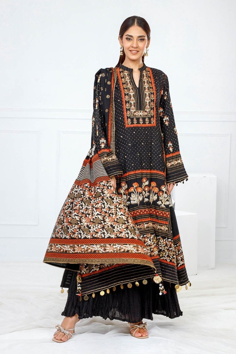 Gul Ahmed 3 Piece Unstitched Gold & Lacquer Printed Raw Silk Suit FE-52091