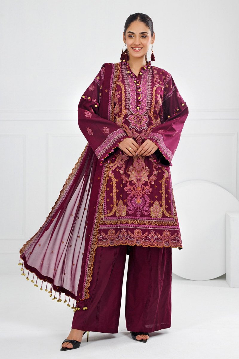 Gul Ahmed 3 Piece Unstitched Embroidered Lawn Suit with Embroidered Chiffon Dupatta FE-52100