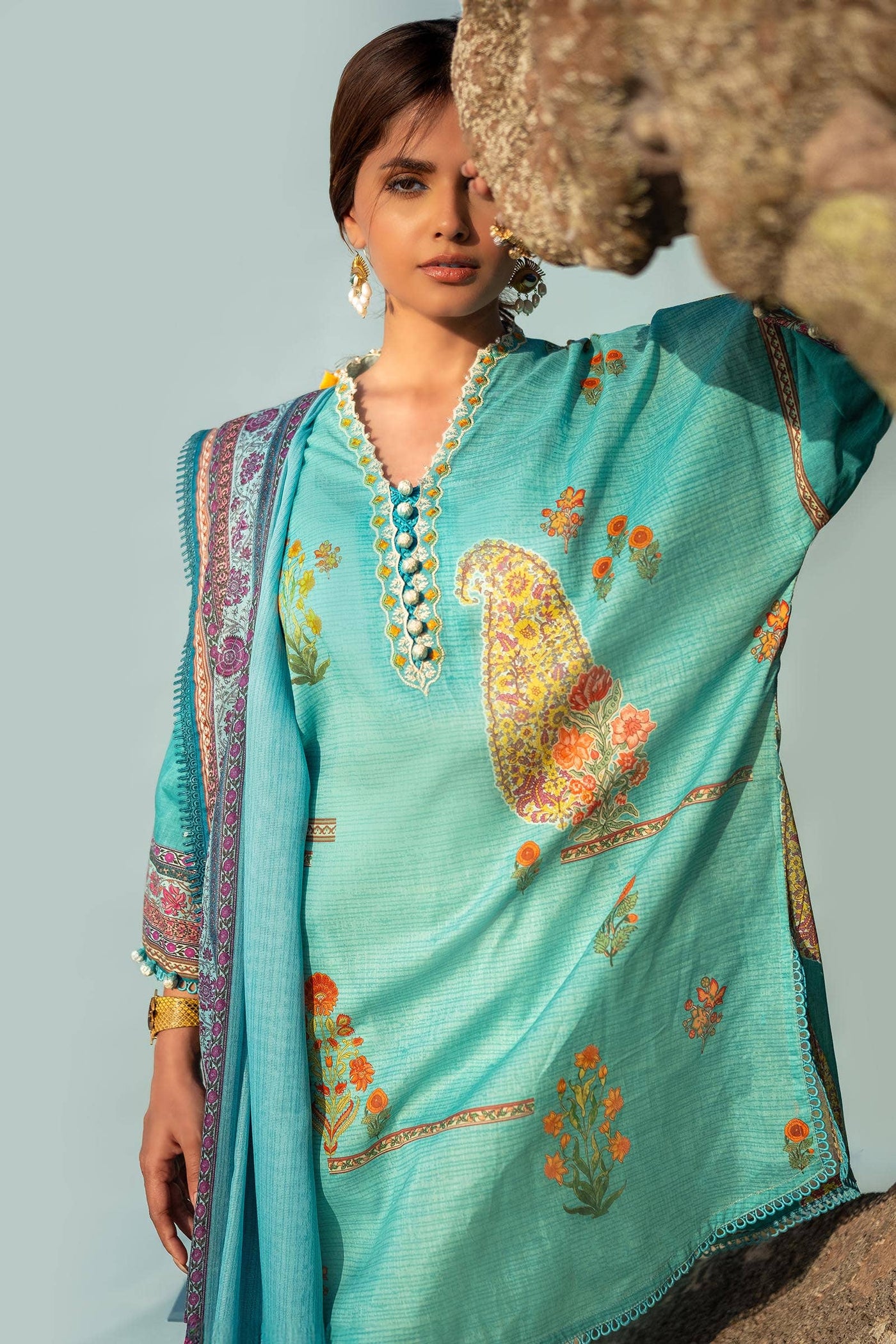 SANA SAFINAZ 2 Piece Unstitched Digital On Lawn Shirt with Rotary Printed Dupatta On Tennis Net - H241-022B-2BS