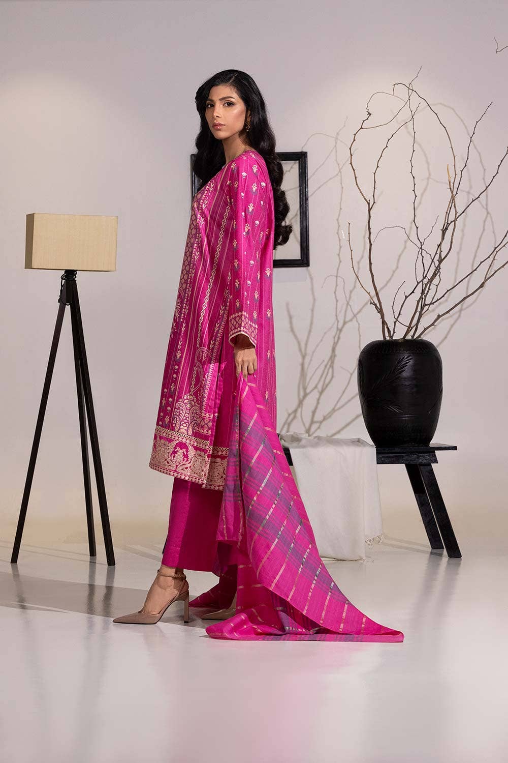 Gul Ahmed Ready to Wear 3 Piece Karandi Embroidered And Lacquer Printed Suit IUSTKSD-476