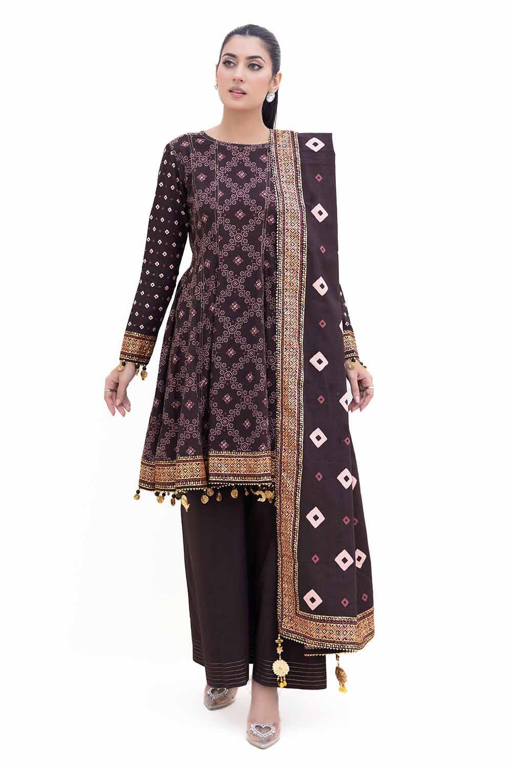 Gul Ahmed 3PC Unstitched Light Gold Printed Khaddar Suit K-42004 L