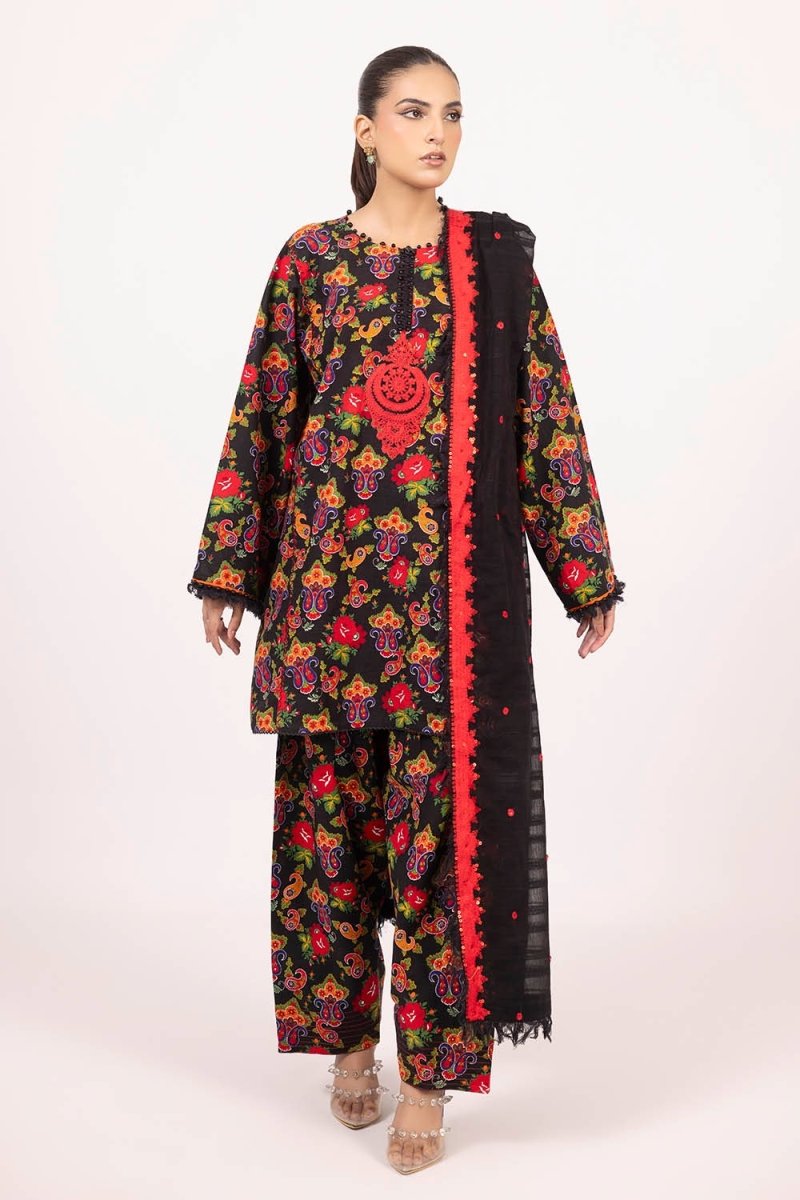 Gul Ahmed 3 Piece Unstitched Printed Embroidered Khaddar Shirt With Embroidered Stripe Khaddar Dupatta K-52010