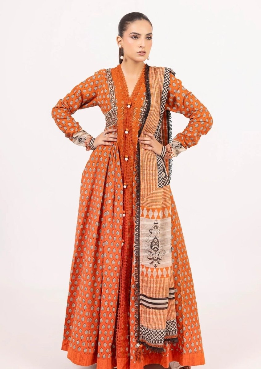 Gul Ahmed 3 Piece Unstitched Printed Embroidered Khaddar Shirt With Printed Stripe Khaddar Dupatta K-52019