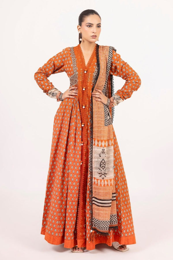 Gul Ahmed 3 Piece Unstitched Printed Embroidered Khaddar Shirt With Printed Stripe Khaddar Dupatta K-52019