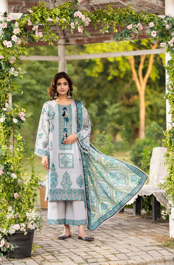 Karma Collection 3 Piece Stitched Embroidery Suit - KC-1576-Mist Grey