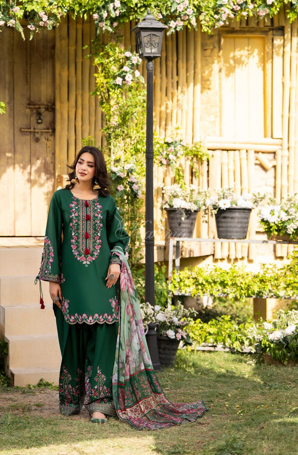 Karma Collection 3 Piece Stitched Embroidery Suit - KC-1578-Bottle Green