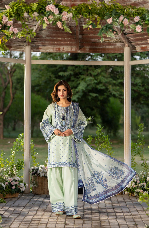 Karma Collection 3 Piece Stitched Embroidery Suit - KC-1579-Seafoam Green