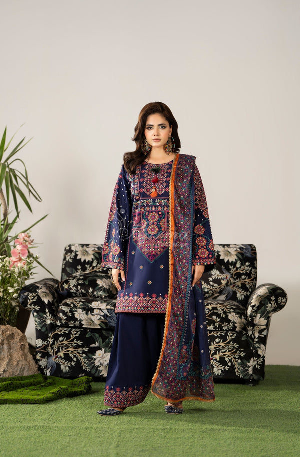 Karma Collection 3 Piece Stitched Embroidery Suit - KC-1582-Dark Navy