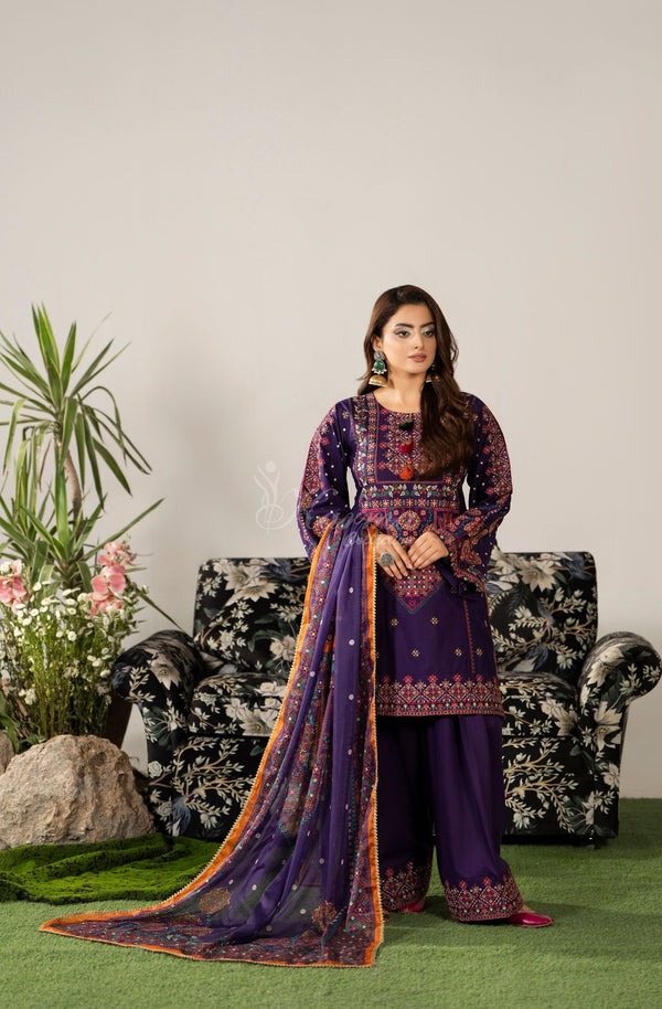 Karma Collection 3 Piece Stitched Embroidery Suit - KC-1582-Dark Plum