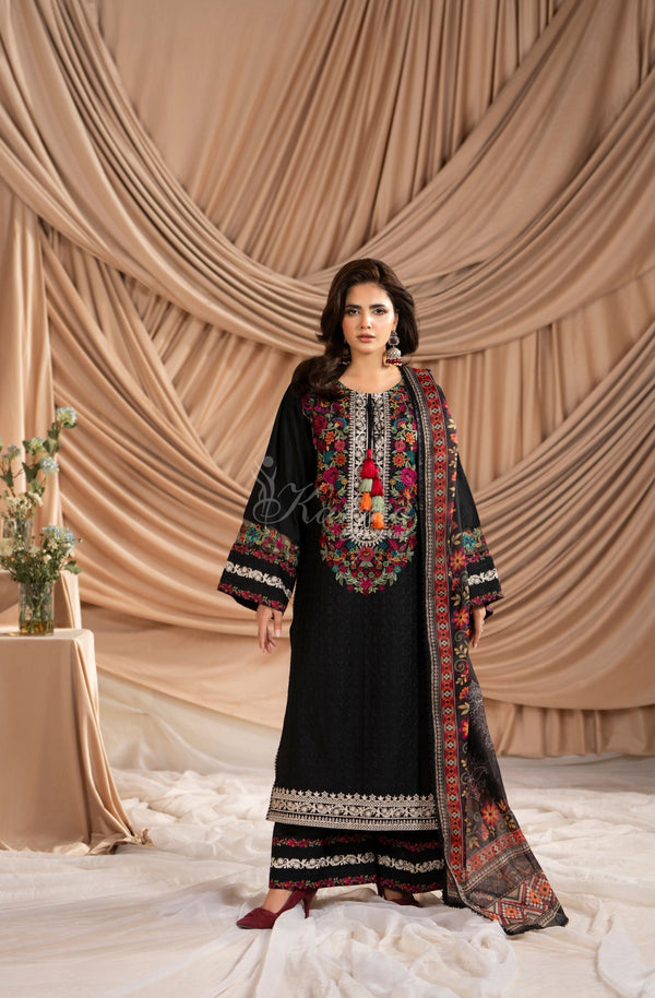 Karma Collection 3 Piece Stitched Embroidery Suit - KC-1584-Deep Black