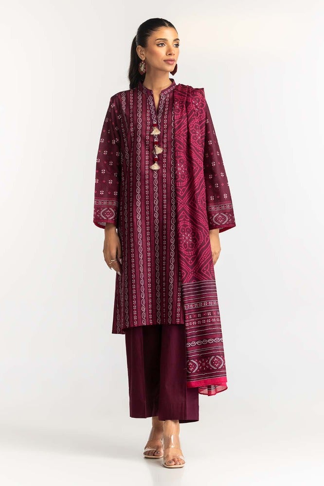 Gul Ahmed 03 Piece Stitched Printed Lawn Shirt Dupatta Dyed Trouser KJP-43163