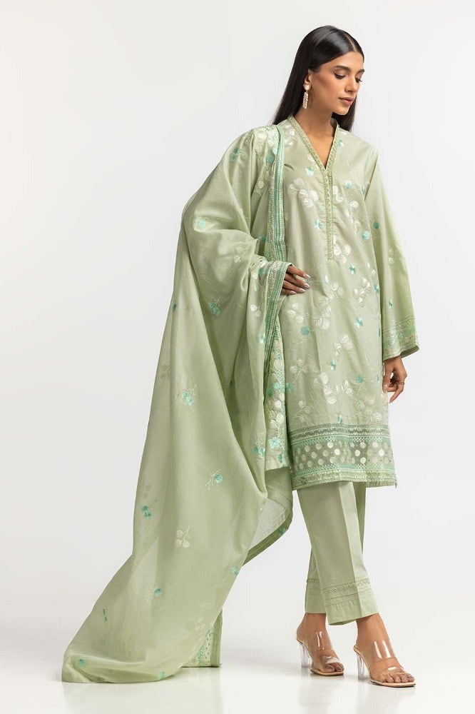 Gul Ahmed 03 Piece Stitched Embroidered Denting Lawn Shirt Dupatta Dyed Trouser KJP-43167