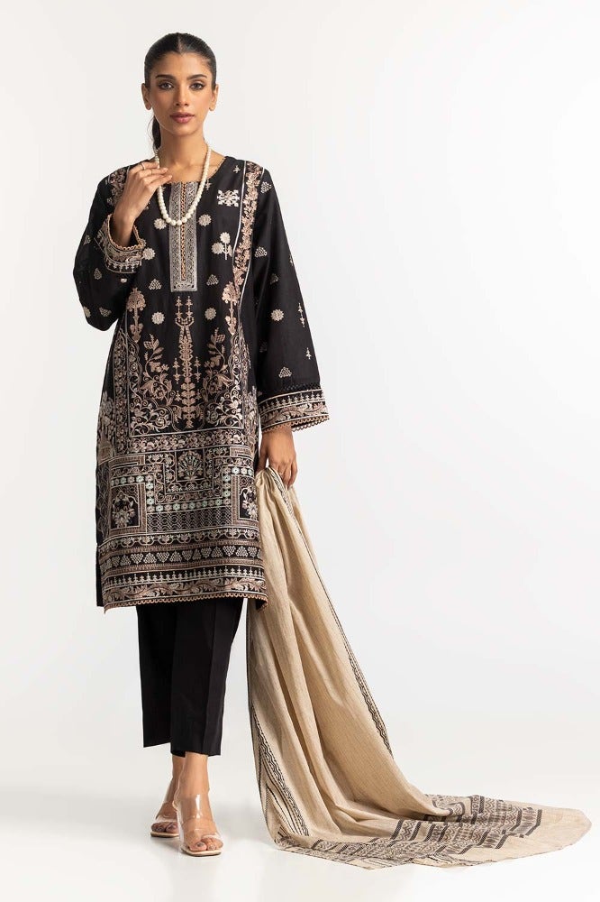 Gul Ahmed 03 Piece Stitched Embroidered Lawn Shirt Printed Lawn Dupatta Dyed Trouser KJP-43168