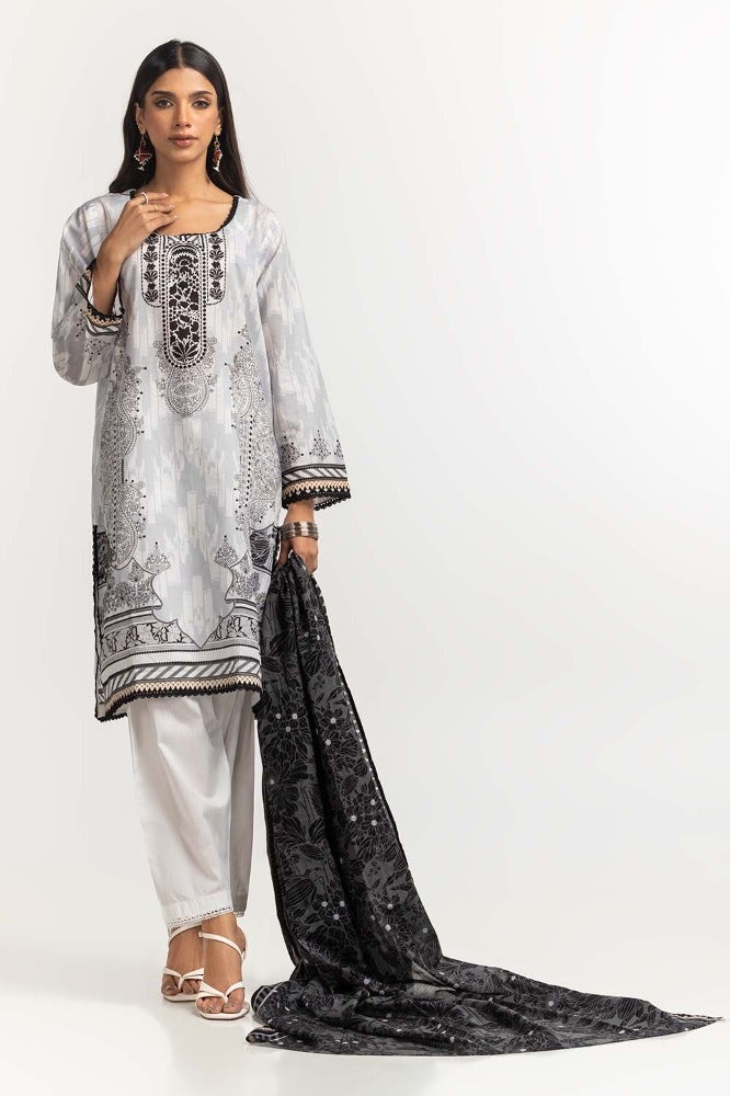 Gul Ahmed 03 Piece Stitched Printed Lawn Shirt Dupatta Dyed Trouser KJP-43174