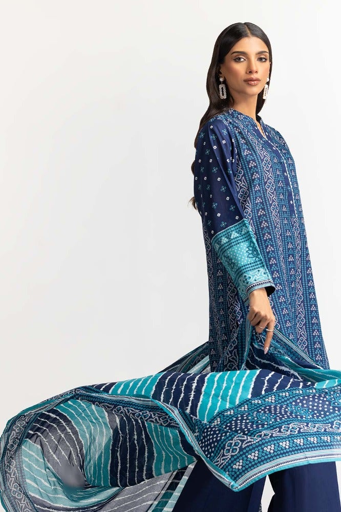 Gul Ahmed 03 Piece Stitched Printed Lawn Shirt Dupatta Dyed Trouser KJP-43183