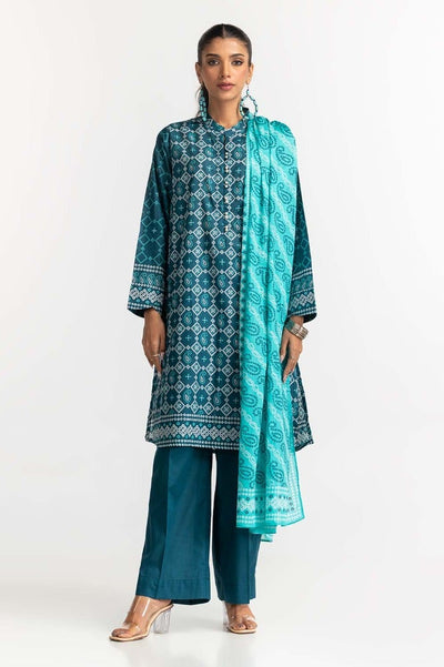 Gul Ahmed 03 Piece Stitched Printed Lawn Shirt Dupatta Dyed Trouser KJP-43186