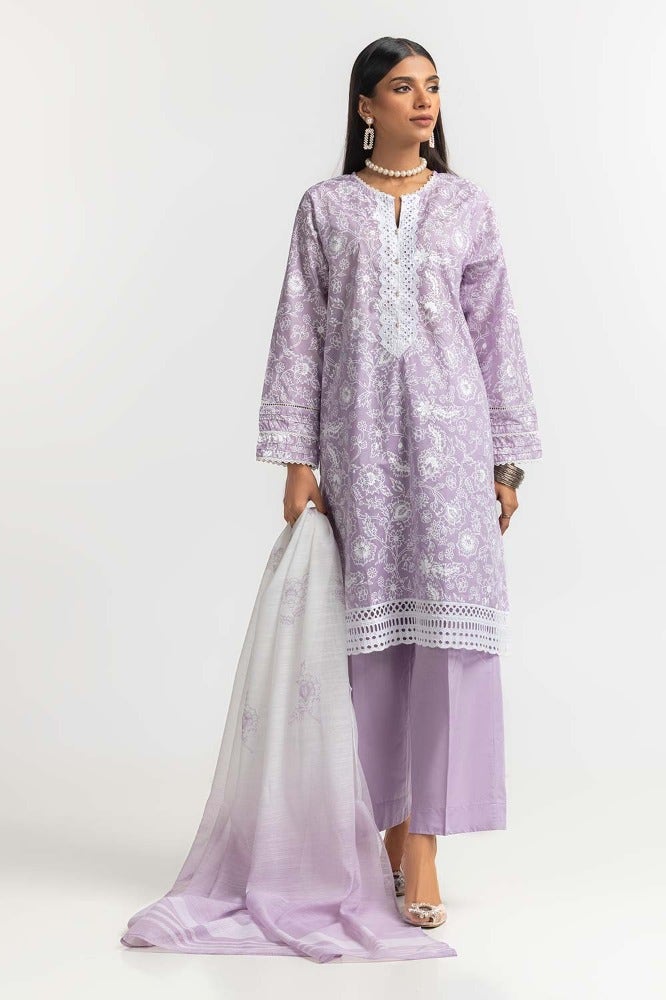 Gul Ahmed 03 Piece Stitched Printed Schiffli Embroidered Lawn Shirt Cotton Dupatta Dyed Trouser KJP-43187