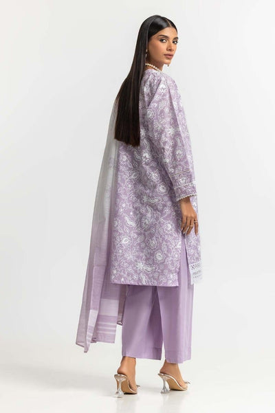 Gul Ahmed 03 Piece Stitched Printed Schiffli Embroidered Lawn Shirt Cotton Dupatta Dyed Trouser KJP-43187