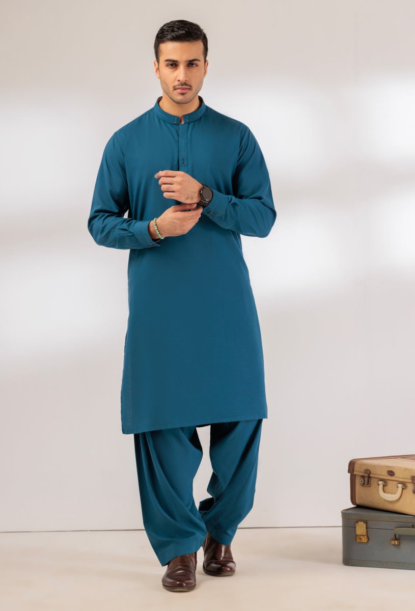 BONANZA MEN'S 2 PIECE OX-BLUE-BLENDED-KURTA SHALWAR - KSRR24-001