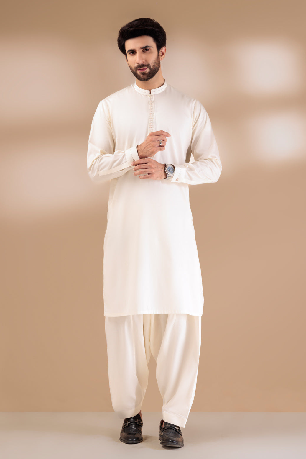 BONANZA MEN'S 2 PIECE CREAM-BLENDED-KURTA SHALWAR - KSRR24-023