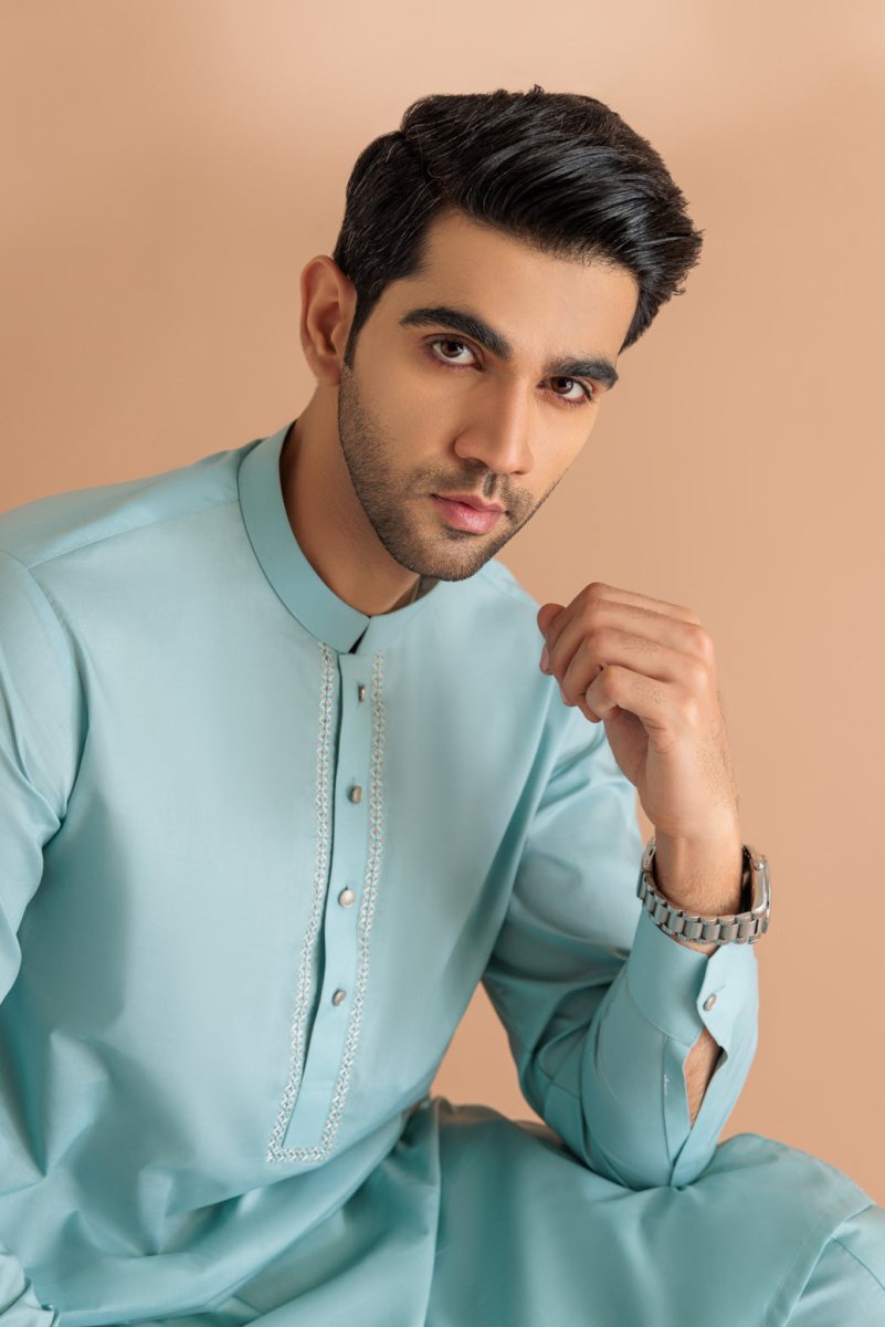 BONANZA MEN'S 2 PIECE SKY BLUE-COTTON-KURTA SHALWAR - KSRS24-031