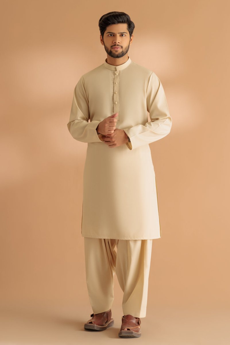 BONANZA MEN'S 2 PIECE BEIGE-BLENDED-KURTA SHALWAR - KSRS24-037