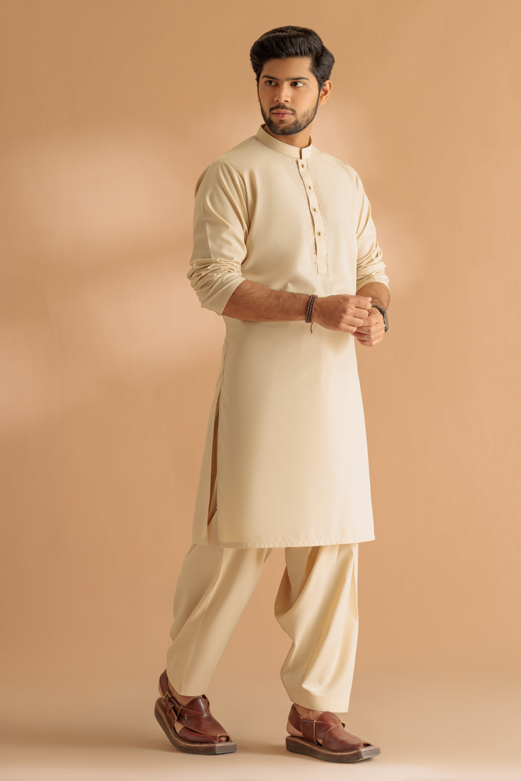 BONANZA MEN'S 2 PIECE BEIGE-BLENDED-KURTA SHALWAR - KSRS24-037