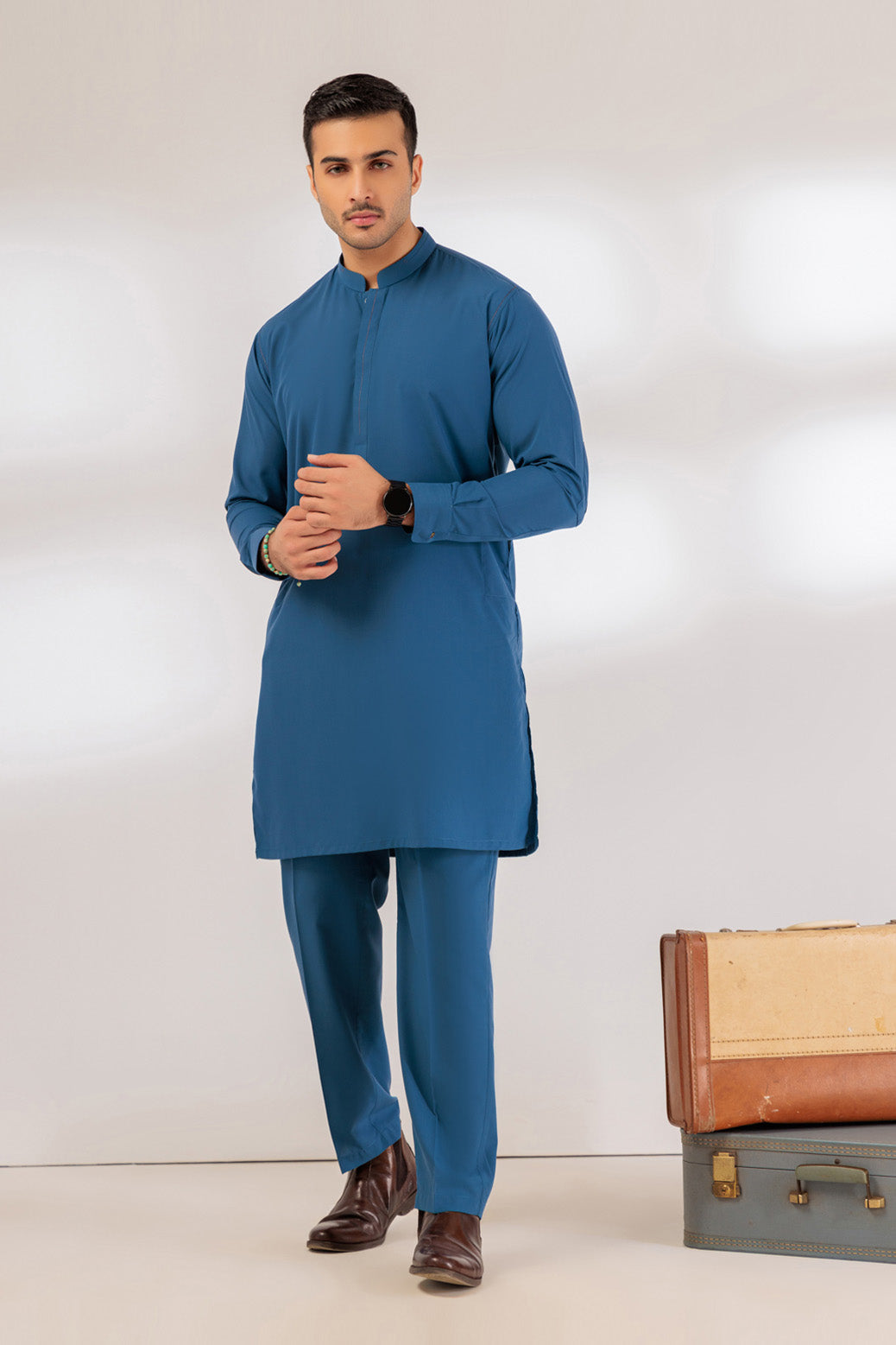 BONANZA MEN'S 2 PIECE U-BLUE-BLENDED-KURTA TROUSER - KSS24-036