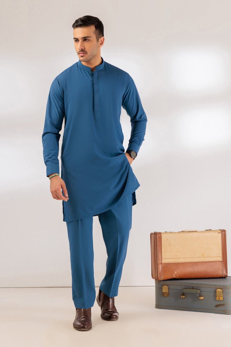 BONANZA MEN'S 2 PIECE U-BLUE-BLENDED-KURTA TROUSER - KSS24-036