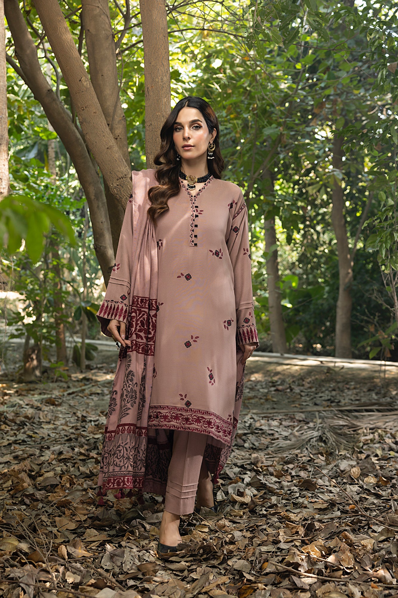 Lakhany 03 Piece Unstitched Embroidered Slub Peach Suit - LG-IZ-0235