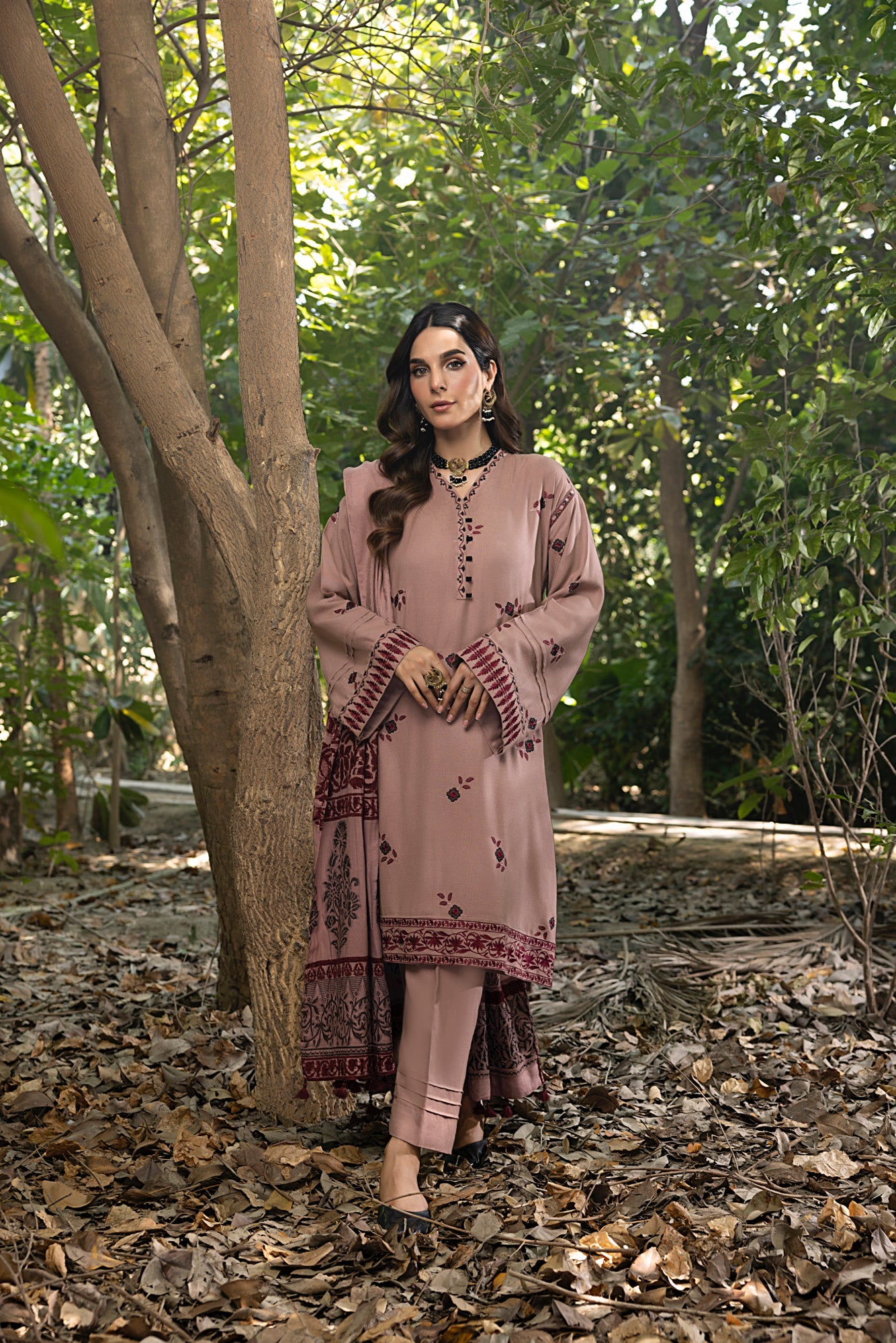 Lakhany 03 Piece Unstitched Embroidered Slub Peach Suit - LG-IZ-0235