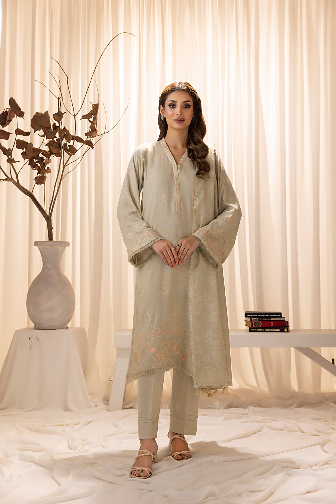 Lakhany 03 Piece Unstitched Embroidered Slub Peach Suit - LG-IZ-0261