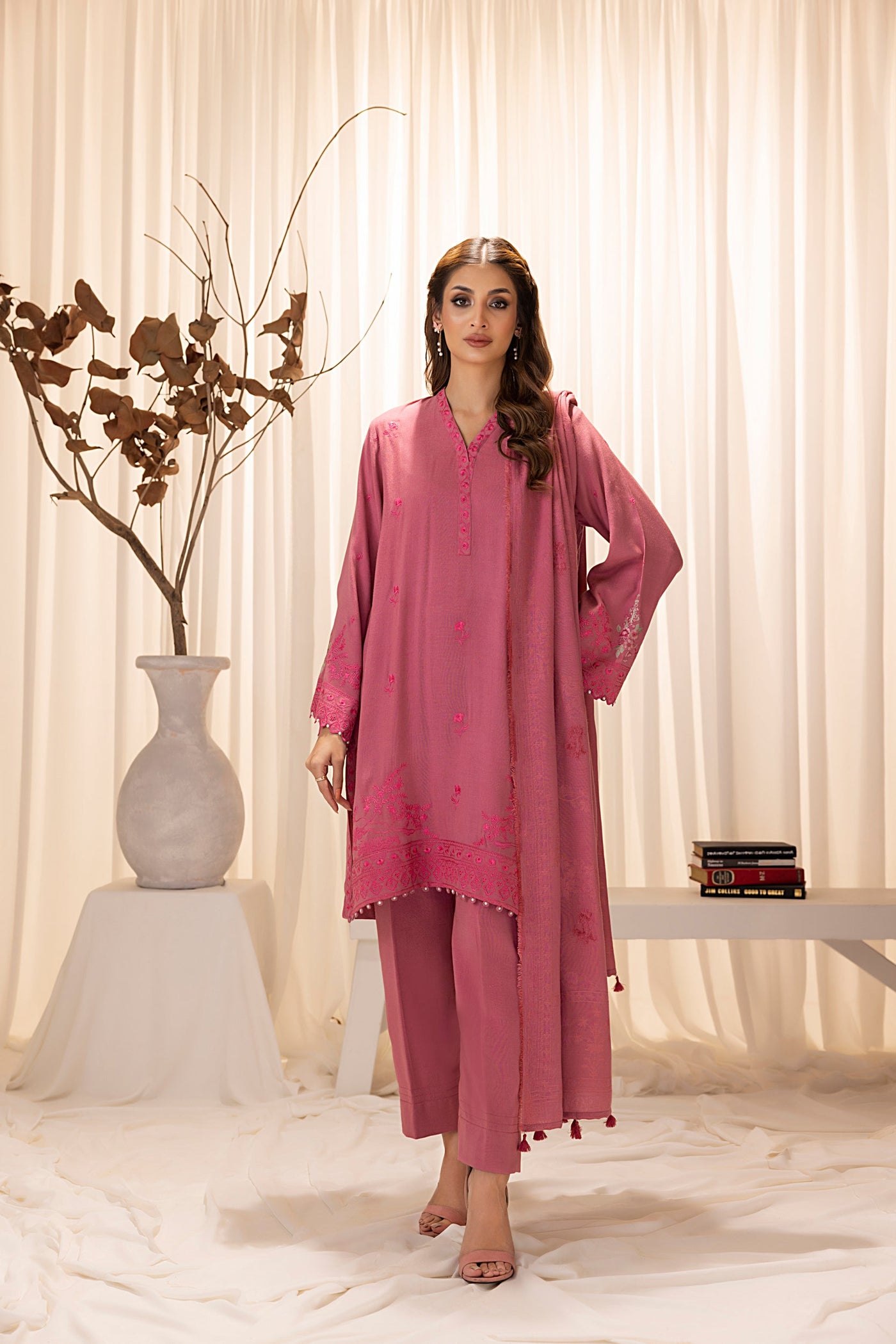 Lakhany 03 Piece Unstitched Embroidered Slub Peach Suit - LG-RL-0122