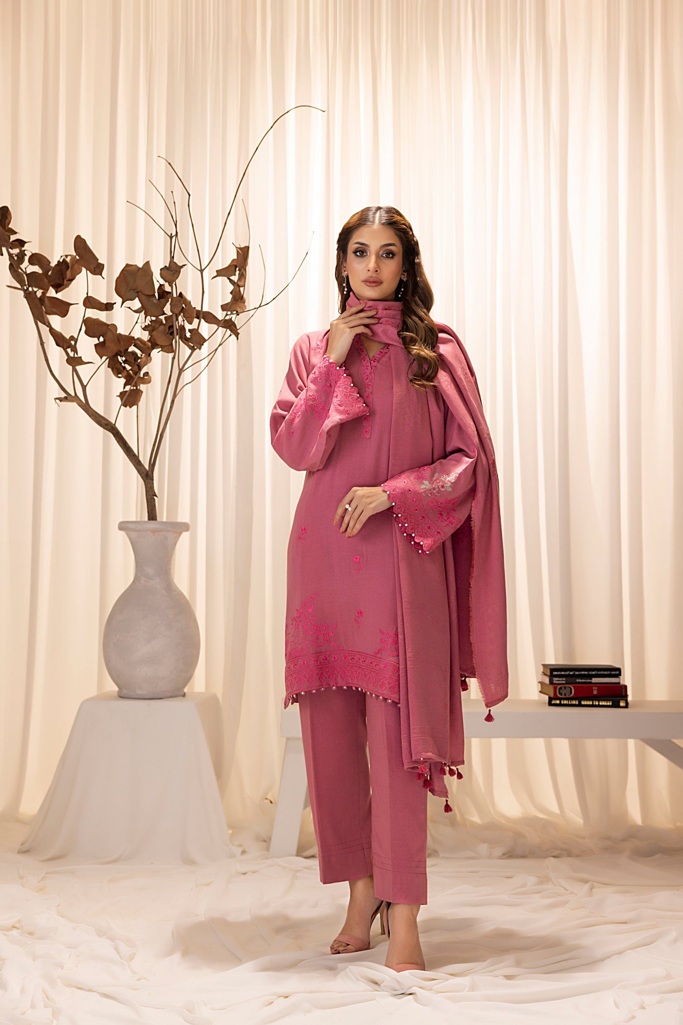 Lakhany 03 Piece Unstitched Embroidered Slub Peach Suit - LG-RL-0122