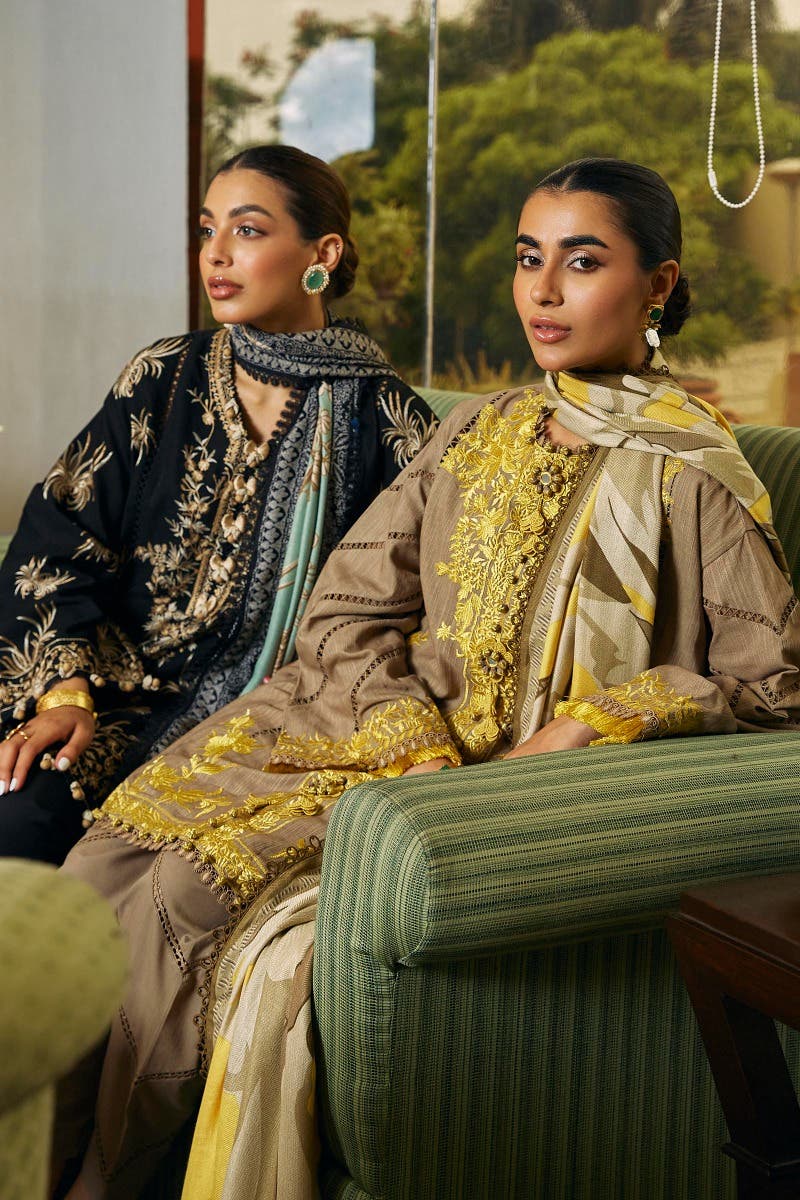 SANA SAFINAZ 3 Piece Unstitched dyed slub shirt with titanium yellow embroidery stands - M233-011A-CP