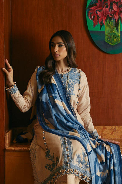 SANA SAFINAZ 3 Piece Unstitched dyed slub shirt with tufts blue embroidery stands - M233-011B-CP