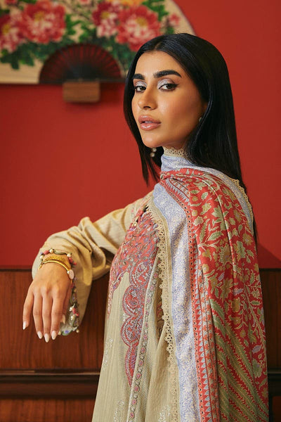 SANA SAFINAZ 3 Piece Unstitched Dyed Slub Shirt with Digital Printed Pashmina Shawl - M233-012A-CP