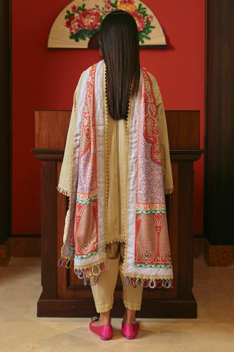 SANA SAFINAZ 3 Piece Unstitched Dyed Slub Shirt with Digital Printed Pashmina Shawl - M233-012A-CP
