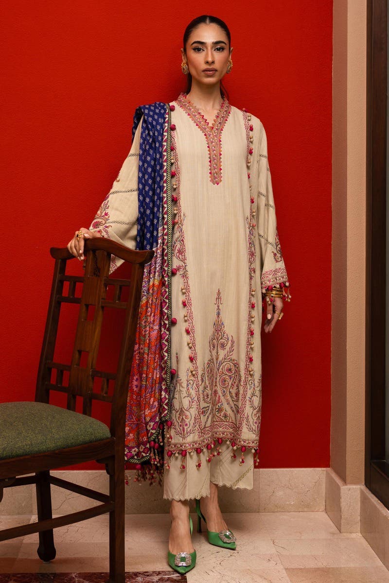 SANA SAFINAZ 3 Piece Unstitched Dyed Slub Shirt with Digital Printed Pashmina Shawl - M233-019A-CP