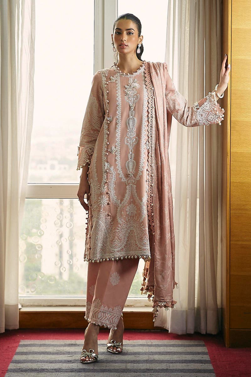 SANA SAFINAZ 3 Piece Unstitched Dyed Slub Shirt with Embroidered Pashmina Shawl - M233-022A-CP