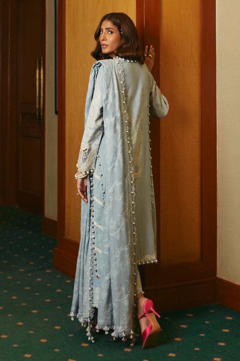 SANA SAFINAZ 3 Piece Unstitched Dyed Slub Shirt with Embroidered Pashmina Shawl - M233-022B-CP