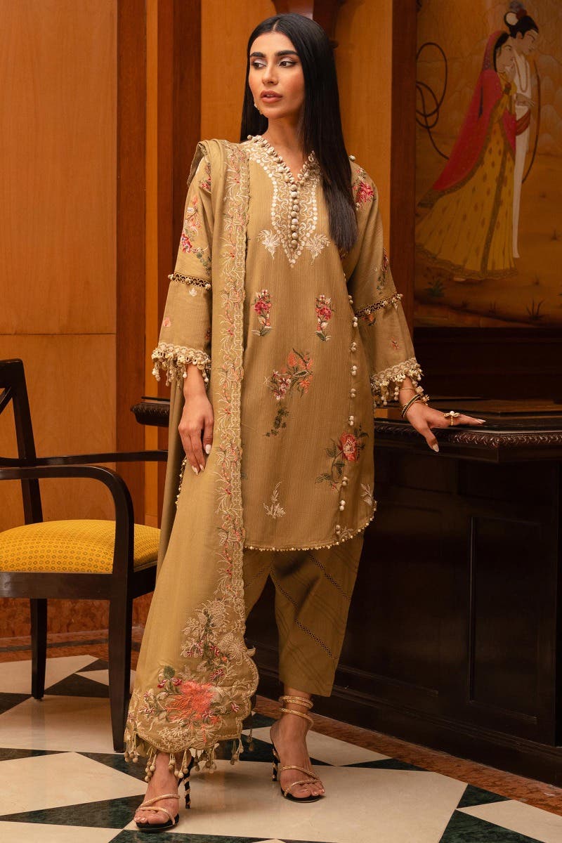 SANA SAFINAZ 3 Piece Unstitched Dyed Slub Shirt with Embroidered Pashmina Shawl - M233-023B-CP