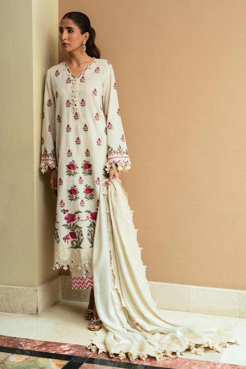 SANA SAFINAZ 3 Piece Unstitched Dyed Slub Shirt with Embroidered Pashmina Shawl - M233-024A-CP