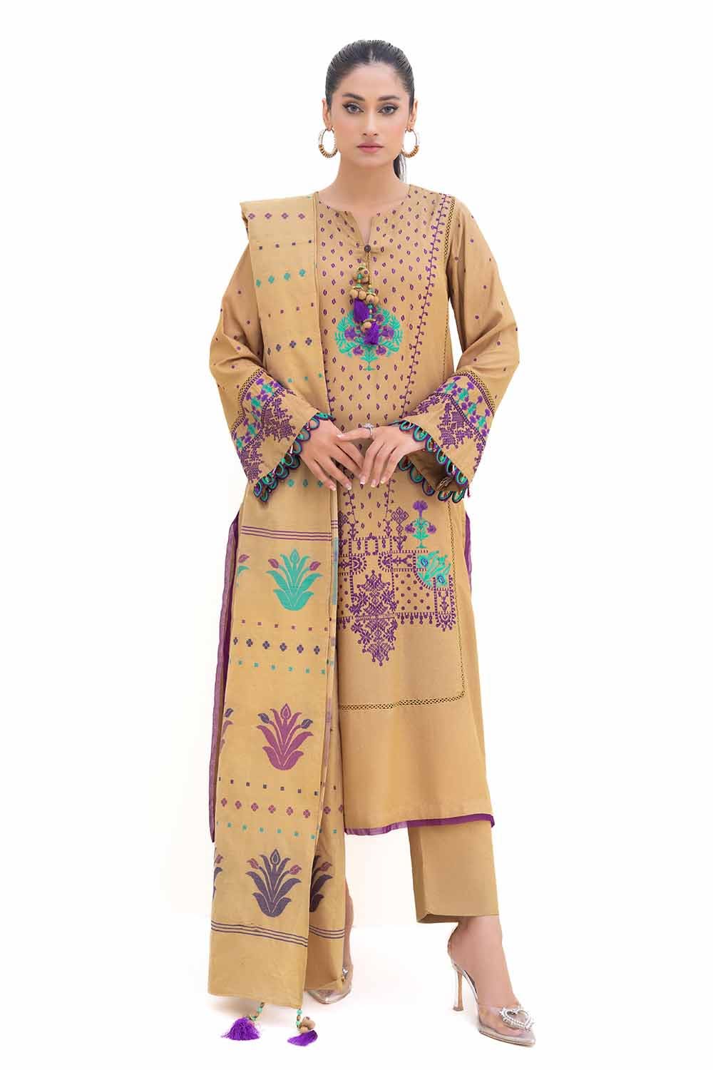 Gul Ahmed 3PC Unstitched Embroidered Karandi Suit with Jacquard Dupatta MJ-42057