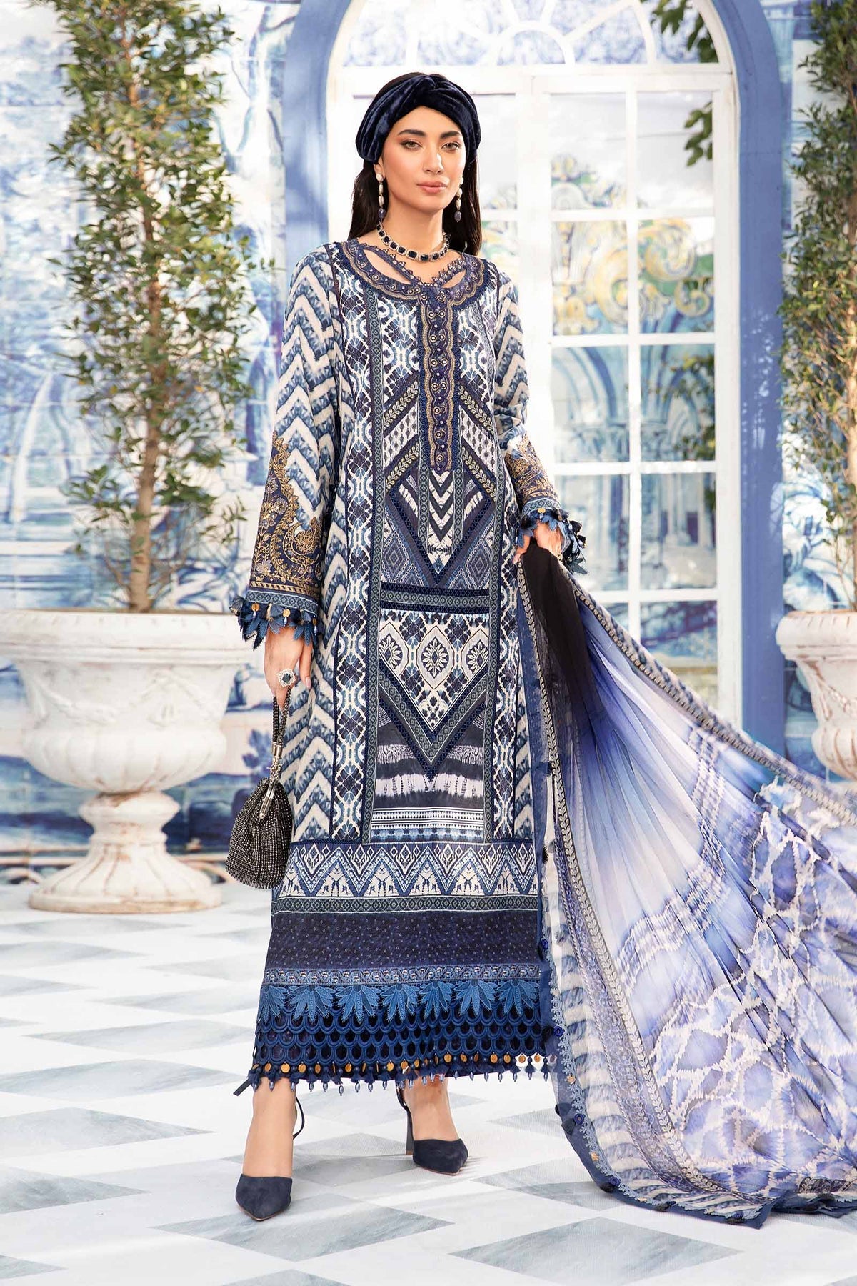 Maria. B 03 Piece Unstitched Printed Embroidered Suit - MPT-2208-B