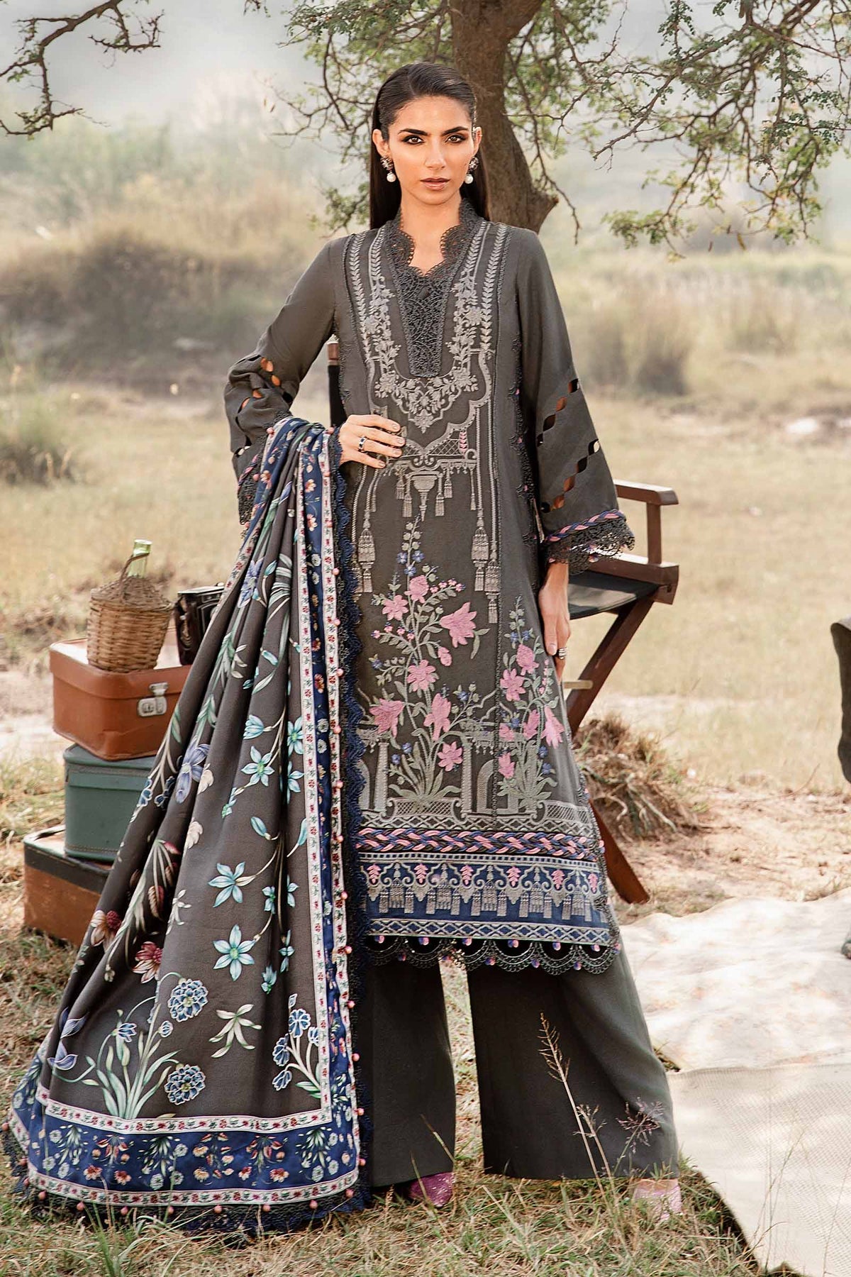 Maria. B 3 Piece Unstitched Printed Linen Suit - MPT-2401-A